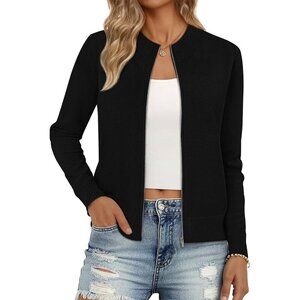 Women's Black Zip Up Crew Neck  Long Sleeve Trendy Winter Jackets Sweaters